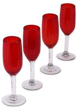 Lovely Rubies Hand Made Handblown Red Glass Champagne Flute Drinkware Set