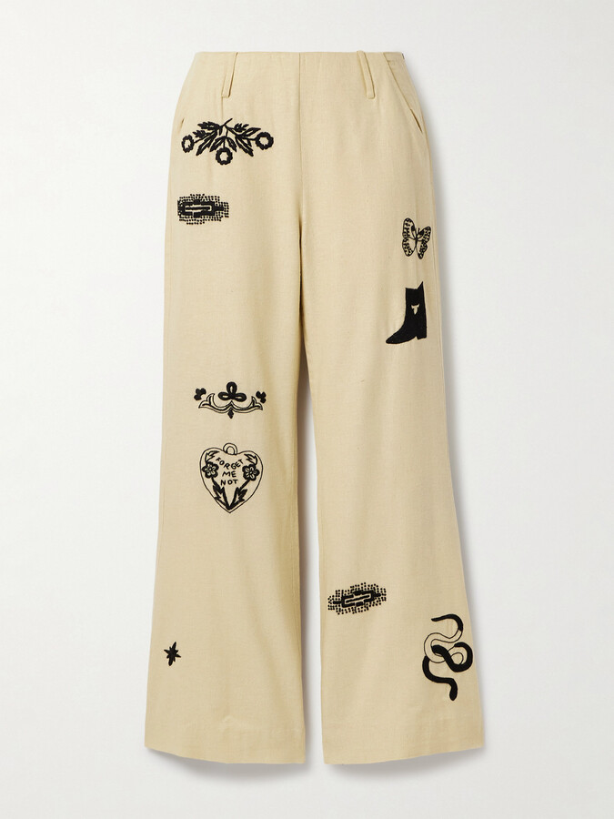 Alix of Bohemia Charlie Rye Embroidered Silk Flared Pants - Yellow