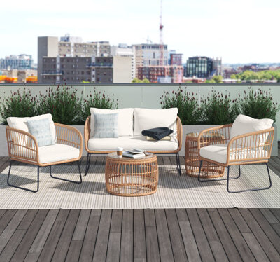 Beachcrest Home Hananiah 5 Piece Rattan Sofa Seating Group with Cushions