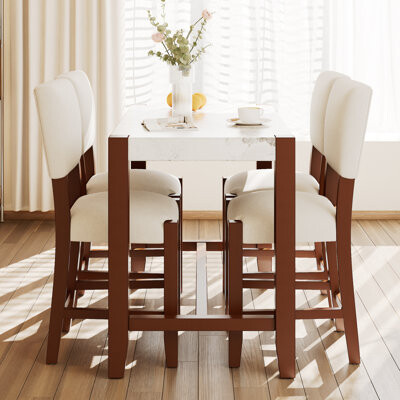 George Oliver 5-Piece Counter Height Dining Table Set For 4 Faux Marble Bar Table And 4 Upholstered-Seat Chairs Mid-Century Modern Dining Set For Dining Room Pub