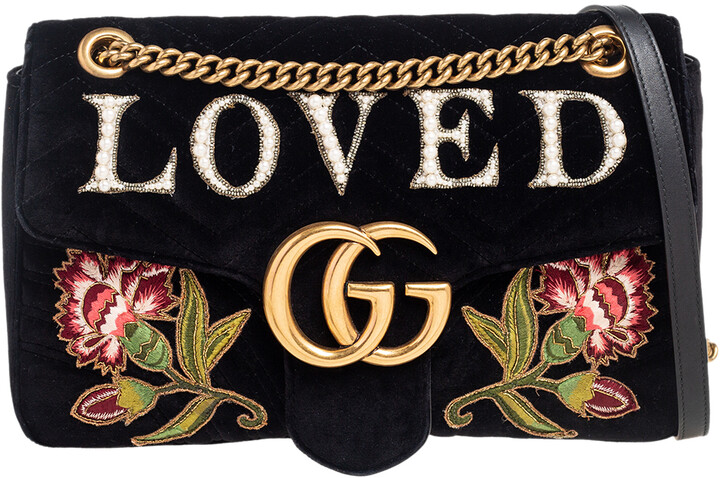 Gucci Black Love Embroidered Matelassé Velvet Medium GG Marmont Shoulder Bag  - ShopStyle