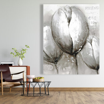 Lark Manor Three Tulips - Botanical Gray Canvas for Home Decor