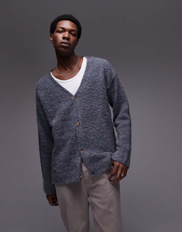 Topman relaxed brushed boucle cardigan in green and purple