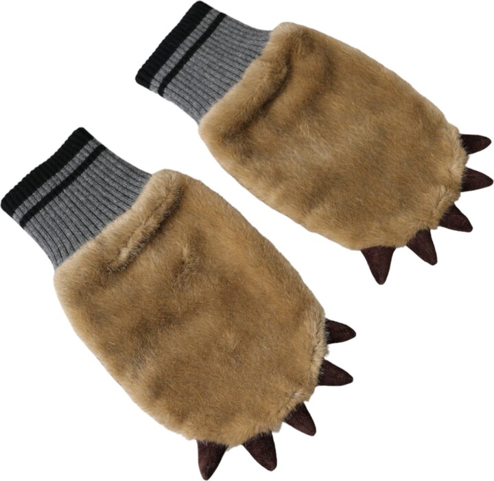 Dolce & Gabbana Beige Acrylic Knitted Fur Wrist Mitten Women's Gloves