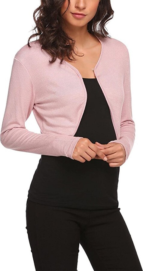 Xsylife Women Short Sleeve Shrug Bolero Cardigan Solid Color Open Front Knit  Cropped Jackets Sweater (Pink - ShopStyle