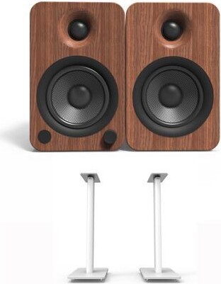 Kanto YU4WALNUT 140W Bookshelf Speakers with Bluetooth - Walnut (Pair) with Kanto SP26PLW 26' Fixed-Height Stands for Bookshelf Speakers - White...