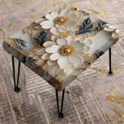 Design Art Golden White And Blue Flowers Elegance - Marble Rectangle Ottoman