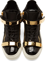 Thumbnail for your product : Giuseppe Zanotti SSENSE EXCLUSIVE Black & Gold Patent Crocodile London High-Top Sneakers