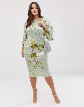ASOS Curve DESIGN Curve kimono midi pencil dress in satin floral embroidery-Green