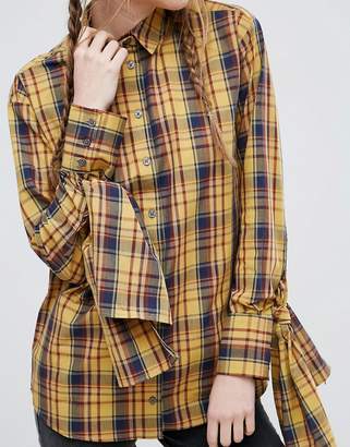 ASOS Mustard Check Cotton Shirt with Extreme Tie Sleeves