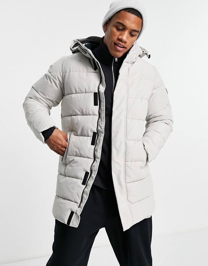 ONLY & SONS waterproof longline puffer coat with hood in light gray -  ShopStyle