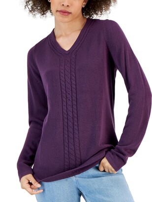 purple X-Small Karen Scott Womens LS Ribbed Detail Knit Sweater 