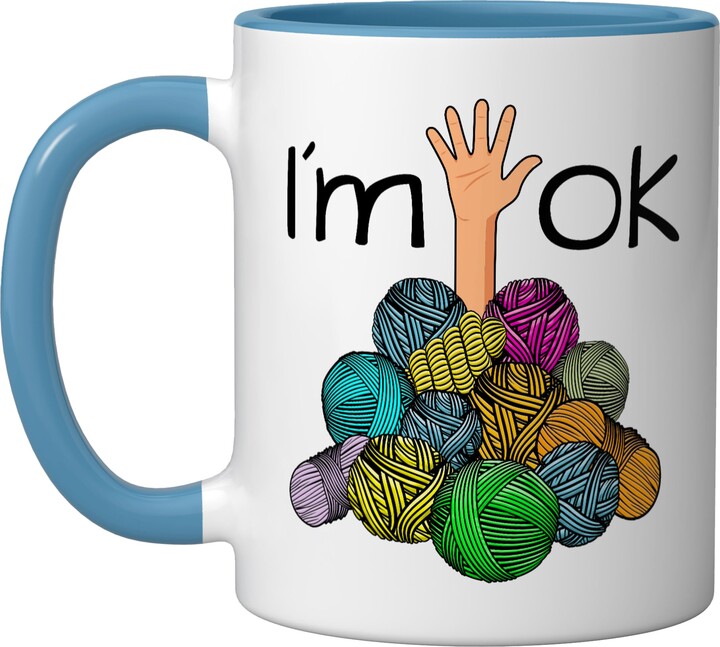Crochet And Knitting Yarn Mess Creationz I’m Ok - Funny Crochet And Knitting Yarn Mess Ceramic Mug, Blue/White