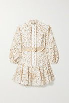 Thumbnail for your product : Zimmermann Edie Belted Linen And Cotton-blend Guipure Lace Mini Dress
