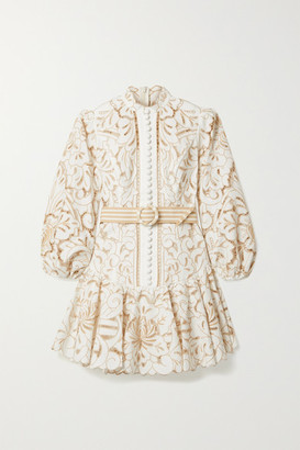 Zimmermann Edie Belted Linen And Cotton-blend Guipure Lace Mini Dress