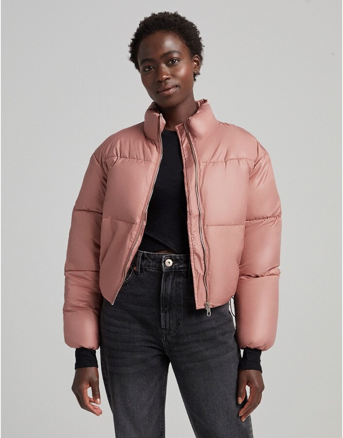 Bershka cropped puffer jacket in pink - ShopStyle