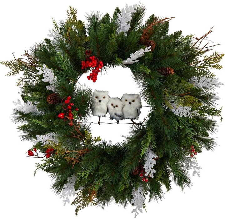 24 in. Holiday Winter Owl Family Pinecone Berry Artificial Christmas Wreath