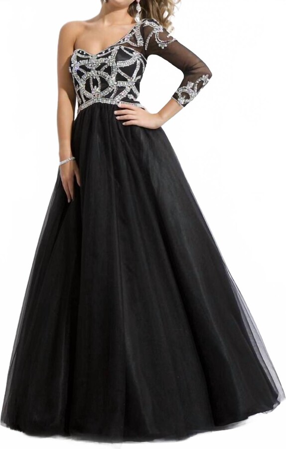 RACHEL ALLAN One Shoulder Three Quarter Length Sleeve Dress In Black