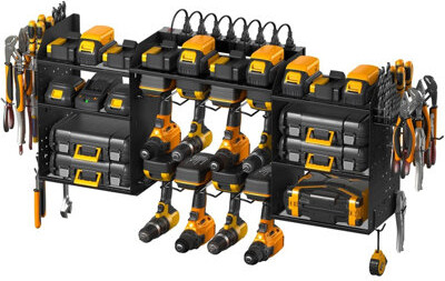 Black Large Tools Organizer Wall Mount Charging Station, 39 Inch Long Power Tool Battery Storage Rack With 10FT Power Strip. 8 Drill Holder, Garage Ut