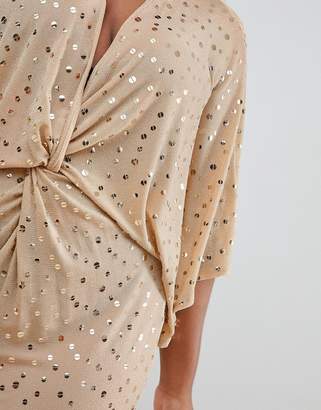 Flounce London Plus wrap front kimono midi dress in rose gold metallic