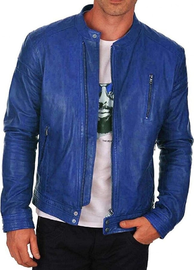 HiFacon Mens Blue Leather Jacket Vintage Cafe Racer Style Motorcycle ...