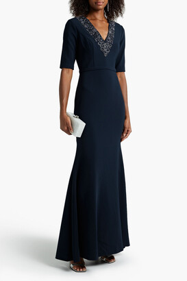 Theia Belted appliquéd crepe gown