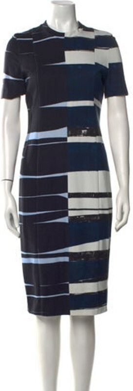 Akris Punto Striped Midi Length Dress Akris Punto Shirtdress Blue Striped Short Sleeve with Crew Neck Concealed Zip Closure at Back Designer