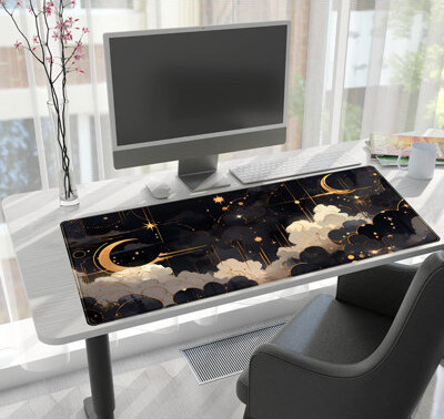 East Urban Home Leycester Black And Gold Celestial Desk Mat XXL Extended Gaming Mouse Pad Large Mousepad With Stitched Edges, Laptop Computer Keyboard Mouse Mat Desk