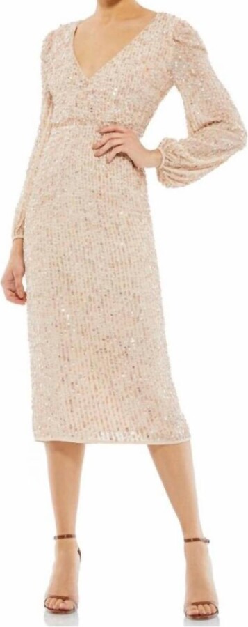 Mac Duggal Sequin Long Puff Sleeve Cocktail Midi In Nude