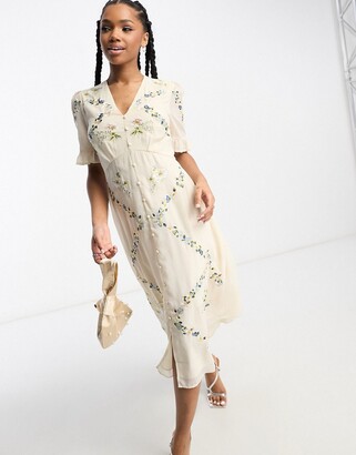 Hope & Ivy button front embroidered midi dress in cream floral - ShopStyle