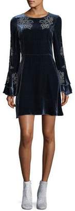 Parker Donatella Round-Neck Long-Sleeve Velvet Dress w/ Embellishments