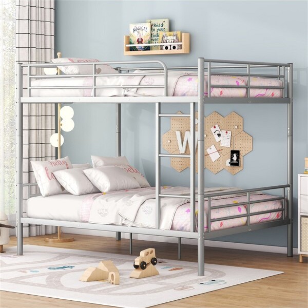 RISOKEYSFullOverFullBunkBed-HeavyDutyMetalBunkBedwithBuilt-inLadderandGuardrail,ConvertibleBunkBedforKids,Teens,Adults,Silver