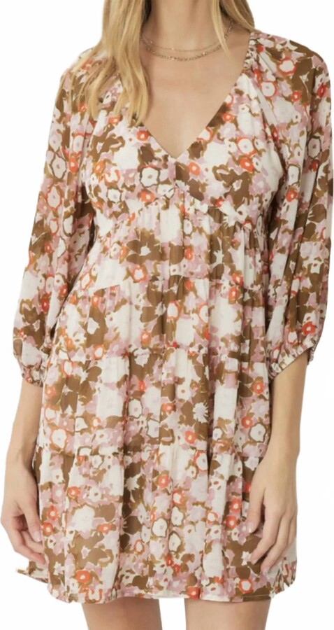 Entro Floral Print V-Neck Dress In Mauve Mocha