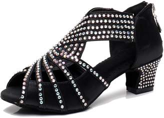 BEIGE TDA Womens Zipper Mid Heel Satin Crystals Latin Modern Salsa Tango Ballroom Wedding Dance Shoes