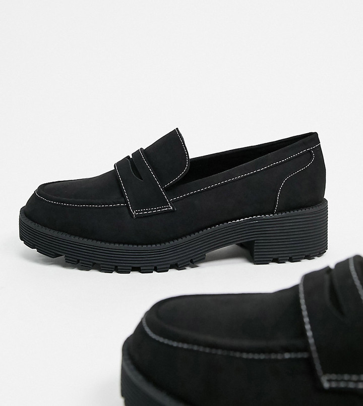 London Rebel Wide Fit chunky loafers in black ShopStyle Flats
