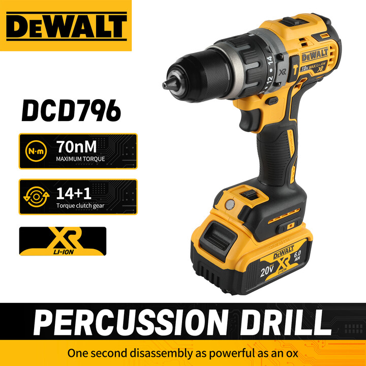 DeWALT DCD796 Drill:20V,Brushless Motor,70Nm Torque,14+1Clutch Gears, 0-2200rpm & Ergonomic Design for Precise,Comfortable Use