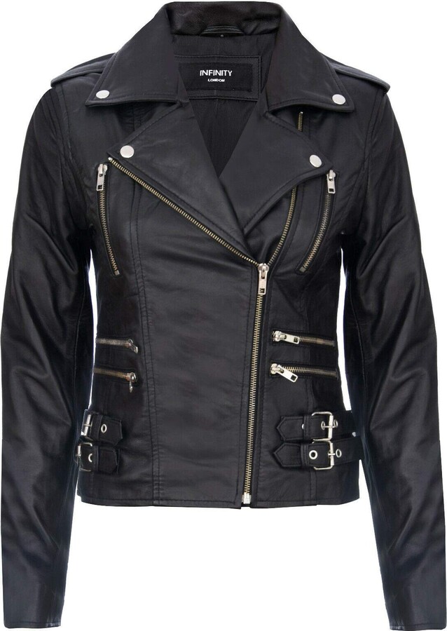 Infinity Leather Ladies Retro Black 100% Nappa Leather Biker Jacket XL ...