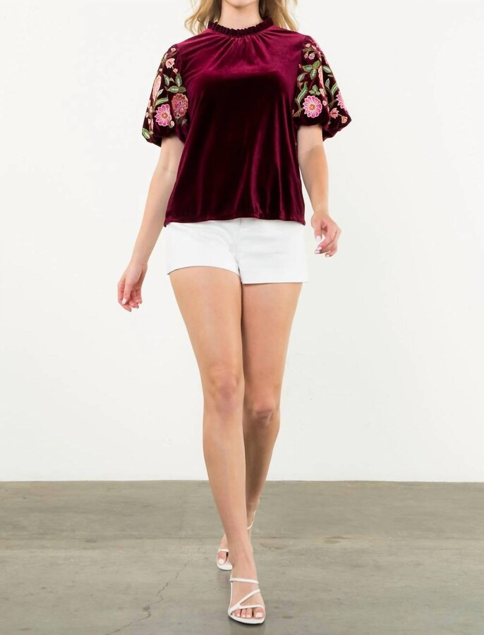 THML Embroidered Velvet Puff Sleeve Top In Wine