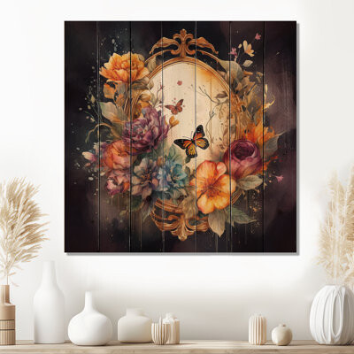 Red Barrel Studio Antique Floral Mirror With Butterflies I On Wood Print