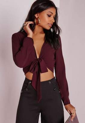 Missguided Burgundy Tie Front Cropped Blouse