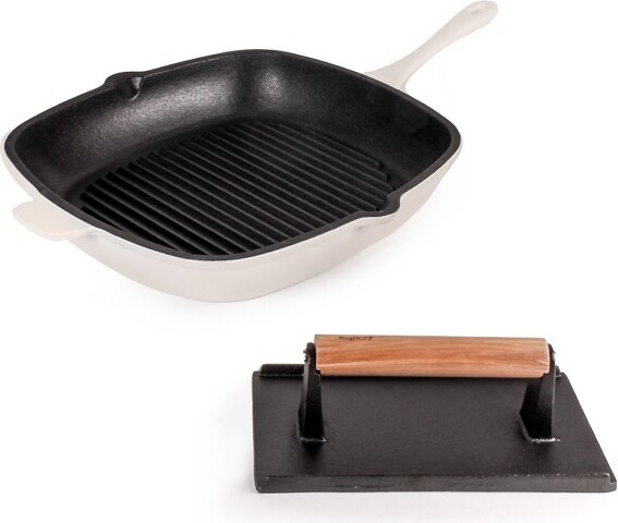 Berghoff Neo 2Pc Cast Iron Grill Set, Grill Pan & Bacon/Steak Press, Red