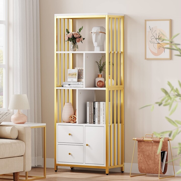 EPOWP Gold Bookshelf with Drawers Modern Bookcase Storage Rack Shelf