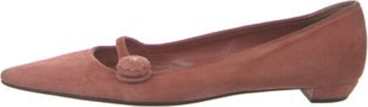 Prada Suede Flats Brown Semi-Pointed Toes with Cutout Accent Mary Jane Strap & Button Closure at Uppers Designer