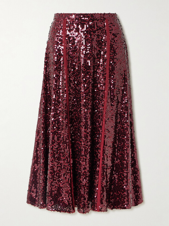 Erdem Frayed Sequined Crepe De Chine Midi Skirt - Red