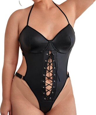 UOWEG Women Erotic Lingerie Sexy Costumes Black Halter Lace Up Leather  Bondage Backless Teddy Sexy Lady Bodysuit Latex Underwear Plus Size Lingerie  for Women and - ShopStyle Teen Girls' Tops