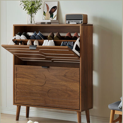 17 Stories Modern Independent Shoe Cabinet 31.5-inch Walnut Shoe Storage Cabinet Fence Shoe Cabinet with 2 Flip Drawers