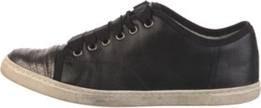 Lanvin Leather Low Top Sneakers Black Round-Toes with Grosgrain Trim Lace-Up Closure at Uppers Includes Box & Dust Bag Unfortunately, due to restrictions, this item may not be eligible for shipping in all areas. | Lanvin Leather Grosgrain Trim Sneakers in Black, Women's IT 38 | 8