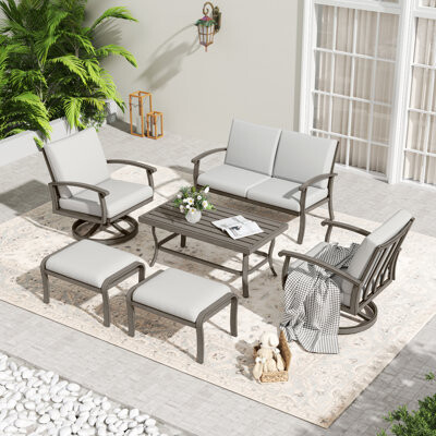 Winston Porter 6-Piece Aluminum Patio Conversation Set With Coffee Table Ottomans And Light Gray Cushions