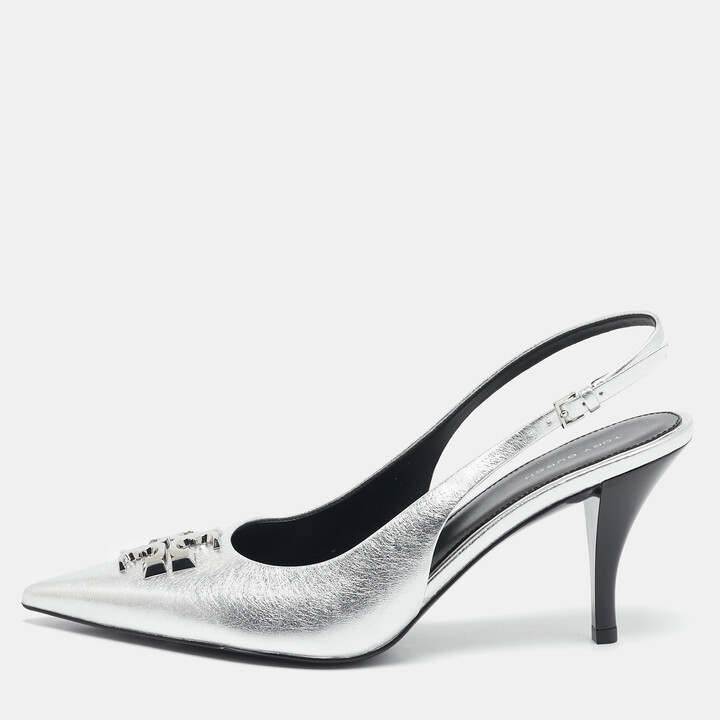 Tory Burch Silver Leather Eleanor Slingback Pumps Size 39