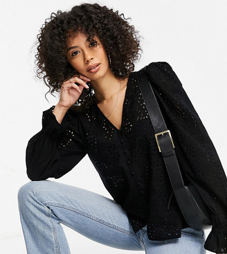 Vero Moda Tall button up broderie blouse in black - ShopStyle Tops